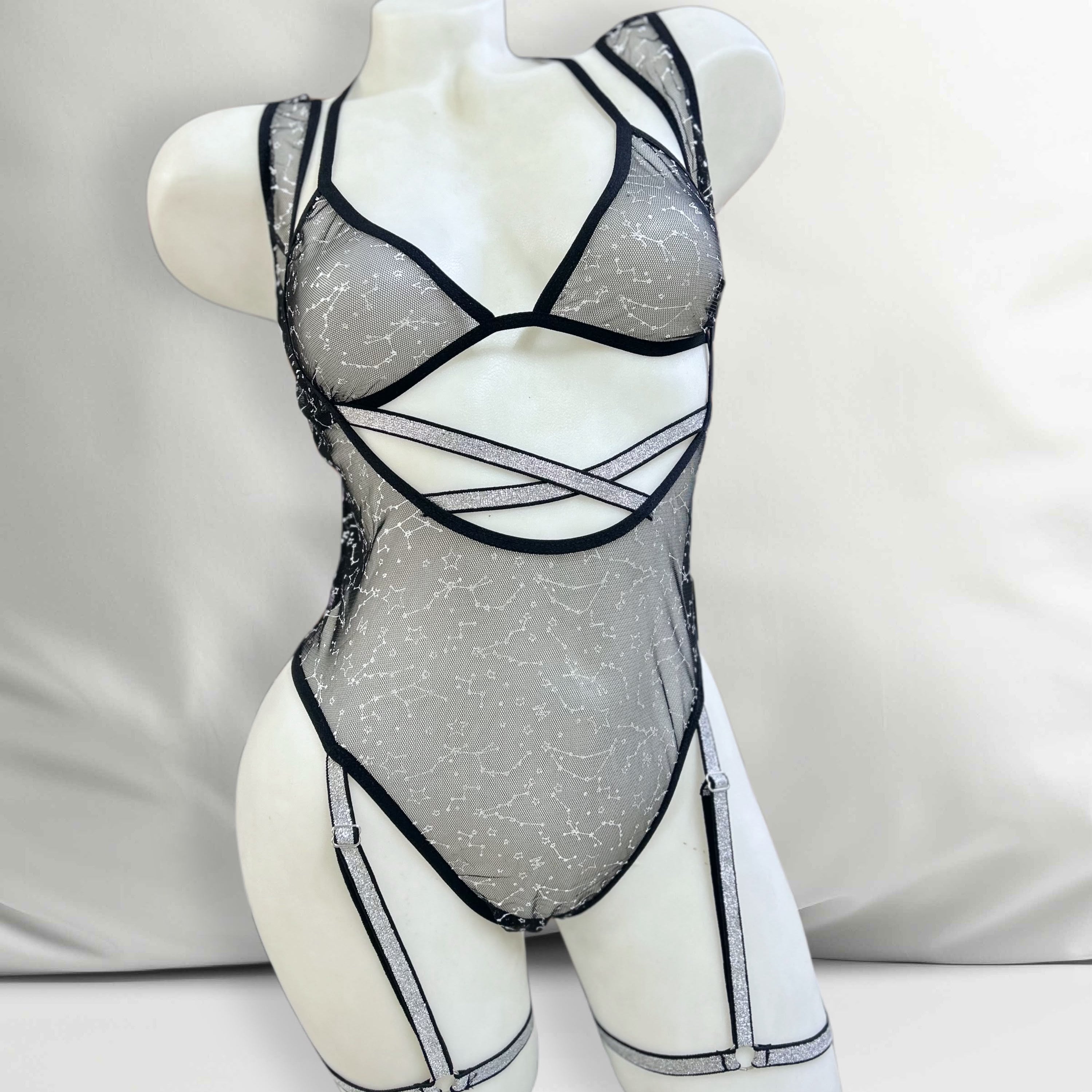 Stella | Transparan Body Jartiyer Takımı - Siyah Gümüş
