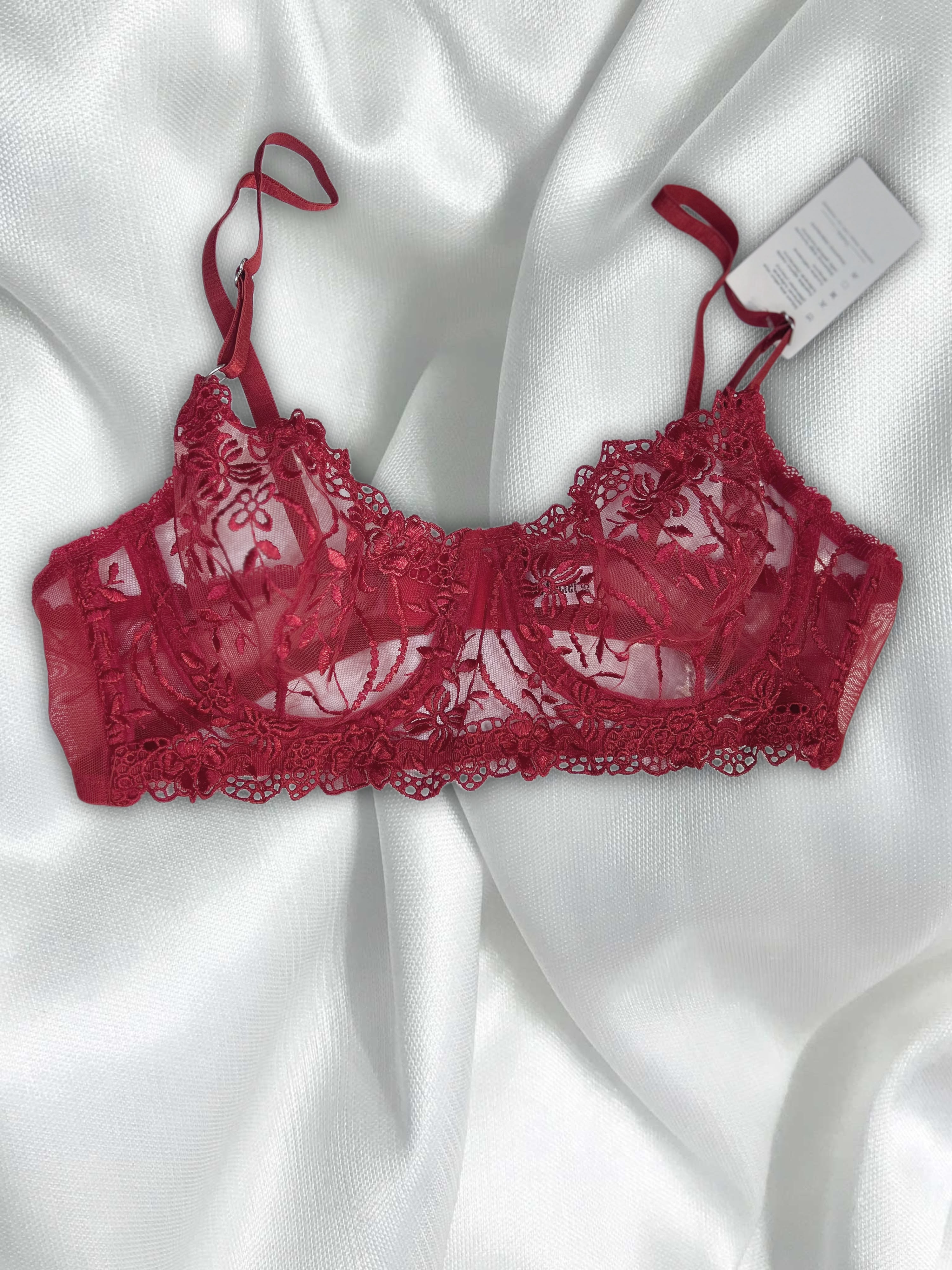 Velvet | Bordo Çiçek İşlemeli Dantel Sütyen ve Tanga Takımı