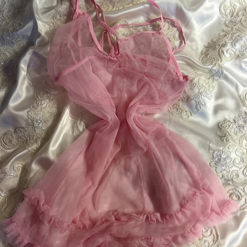 Şeker Pembe Transparan Tül Babydoll Gecelik ve Tanga Takımı