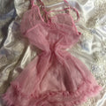 Şeker Pembe Transparan Tül Babydoll Gecelik ve Tanga Takımı